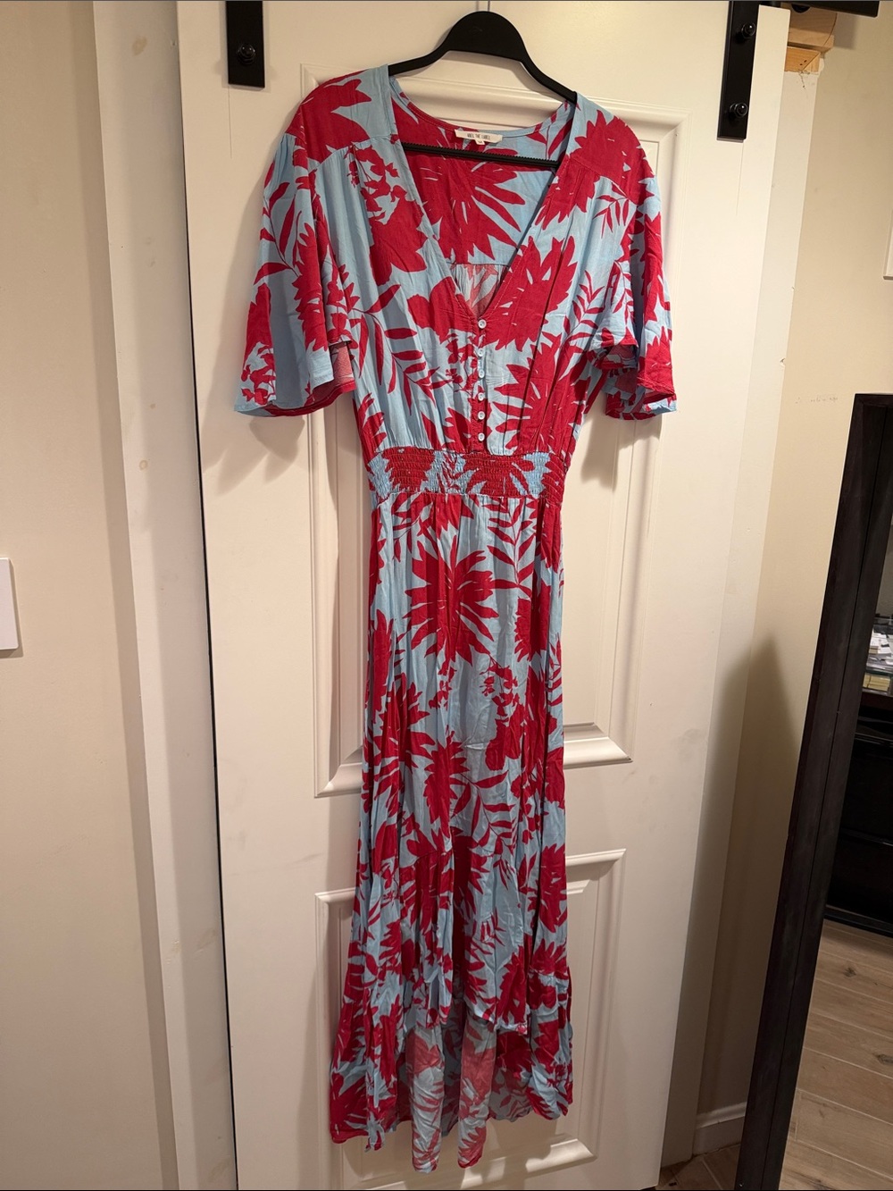 Light Blue Maxi Dress with Bold Red Floral Print
